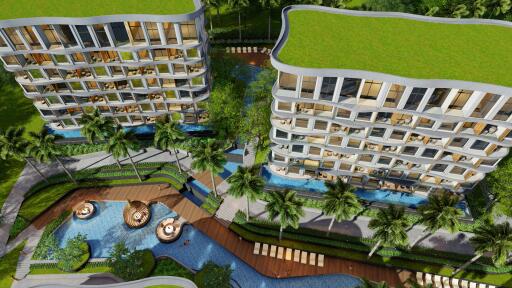 Aerial view of modern residential buildings with green roofs and swimming pools