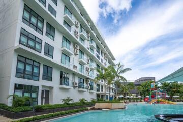 Modern apartment building with swimming pool