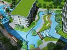 Aerial view of modern apartment complex with pools and green rooftops