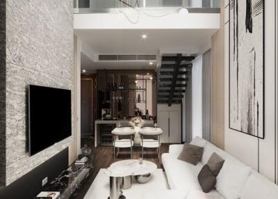 Modern living room with a view of dining area and mezzanine