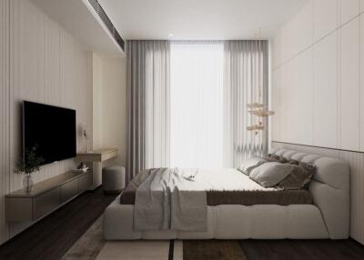 Modern bedroom with a large bed and a wall-mounted TV