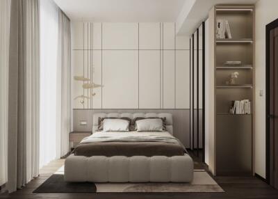 Modern bedroom with large bed, floor-to-ceiling windows, and built-in shelving