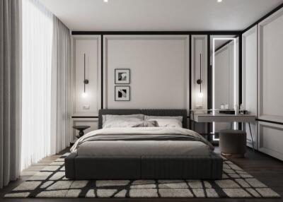 Modern bedroom with stylish decor, large bed, and ample lighting