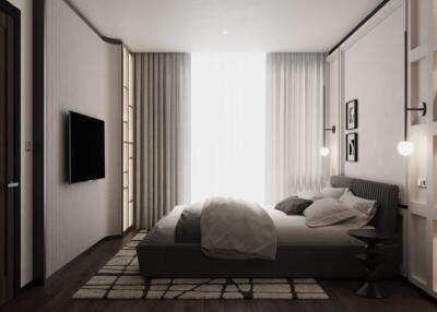 Modern bedroom with a large bed, floor-to-ceiling windows, wall-mounted TV, and contemporary decor.