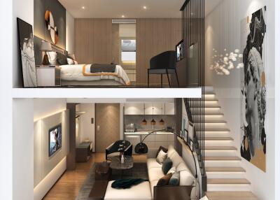 Modern duplex with living room and bedroom