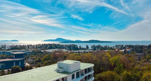 Scenic view of a coastal area with buildings and trees