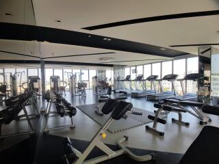 Well-equipped gym with various exercise machines and large windows