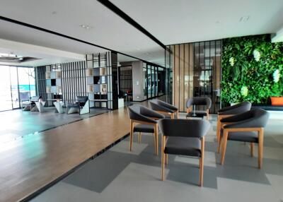 Modern communal seating area with chairs and green wall