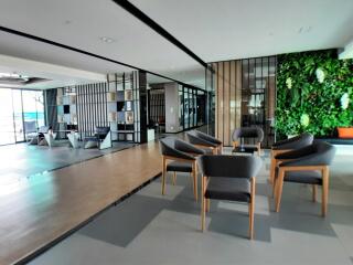 Modern communal seating area with chairs and green wall