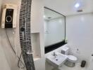 Modern bathroom with shower and large mirror