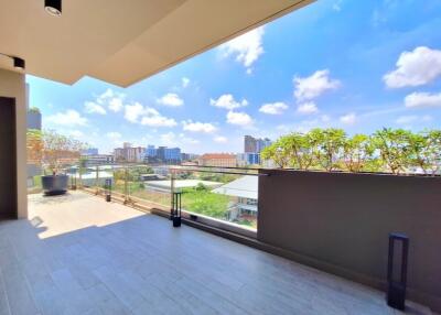 Spacious balcony with city view