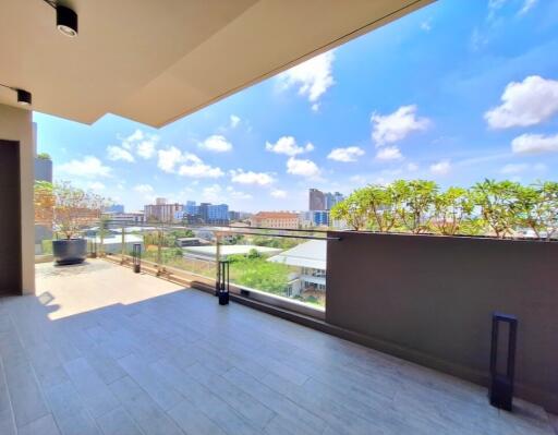 Spacious balcony with city view