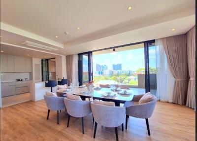 Bright dining room with a city view