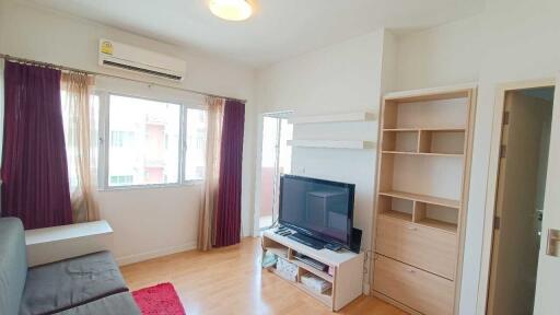 Cozy living room with TV and shelves