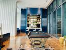 Modern recreational room with pool table and bar shelves
