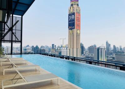 Rooftop pool with city skyline view