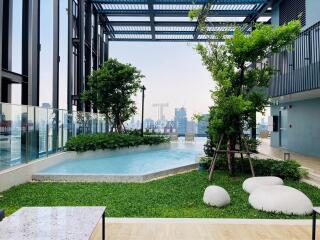 Rooftop garden with swimming pool and city skyline view