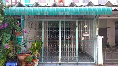 Front view of a house with a green metal gate and canopy