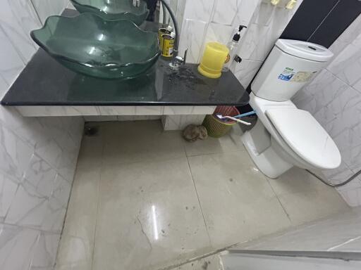 Modern bathroom with glass basin and toilet