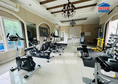 Home gym with various exercise machines and equipment