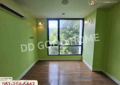 Bright bedroom with green walls and large window