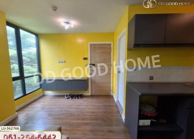 Bright living area with large windows, yellow walls, and wooden flooring