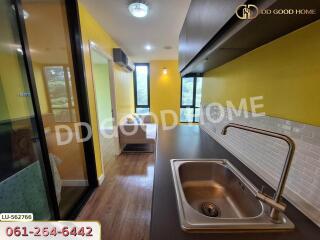 Modern kitchen with yellow walls and wooden flooring