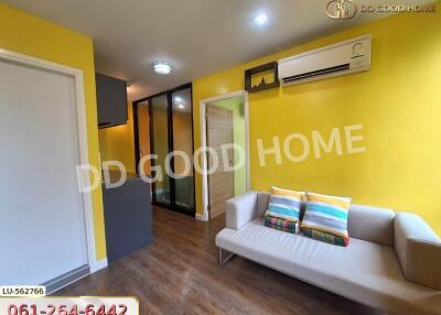 Modern living room with yellow walls and a sofa