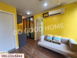 Modern living room with yellow walls and a sofa