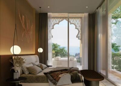 Elegant bedroom with a view and modern decor