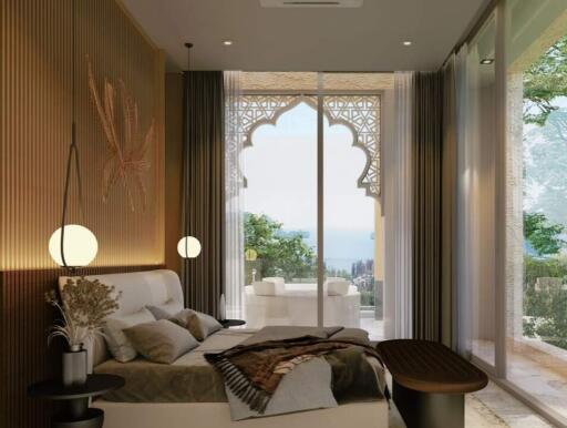 Elegant bedroom with a view and modern decor