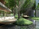 Outdoor seating area with hanging chairs and lush greenery