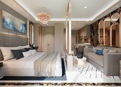 Luxurious and modern bedroom with seating area