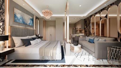 Luxurious and modern bedroom with seating area