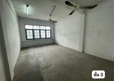 empty room with windows and ceiling fans