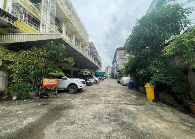 Outdoor view of buildings and parking area