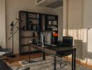 Modern home office with bookshelf, black desk, and leather chair