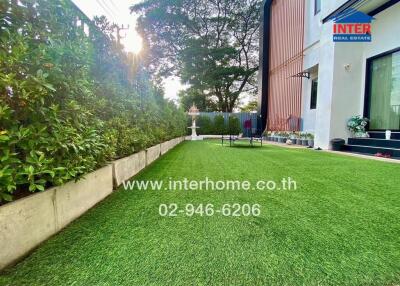 Outdoor lawn area with bushes and modern house