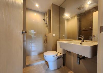 Modern bathroom with a shower area, toilet, and sink