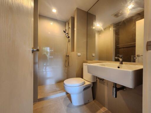 Modern bathroom with a shower area, toilet, and sink