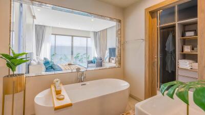 Modern bathroom with view into living area