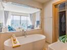 Modern bathroom with view into living area