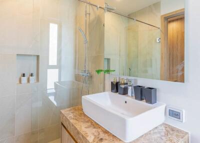Modern bathroom with sink, glass shower, and amenities