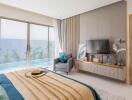 Spacious bedroom with a view and modern decor