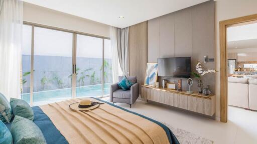 Spacious bedroom with a view and modern decor