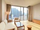 Modern living room with city view through large windows