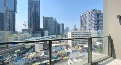 View from balcony overlooking city skyline