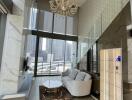 Modern high-rise living room with large windows and chandelier