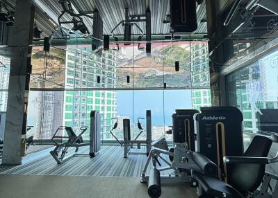 Modern gym with various exercise equipment and large windows