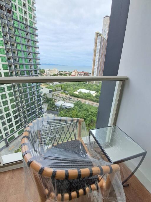 Balcony with a view of city buildings